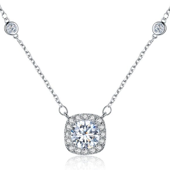 Platinum Plated Cubic Zirconia/Austrian Crystal Cushion Shape Halo Pendant Neckl - Picture 1 of 6